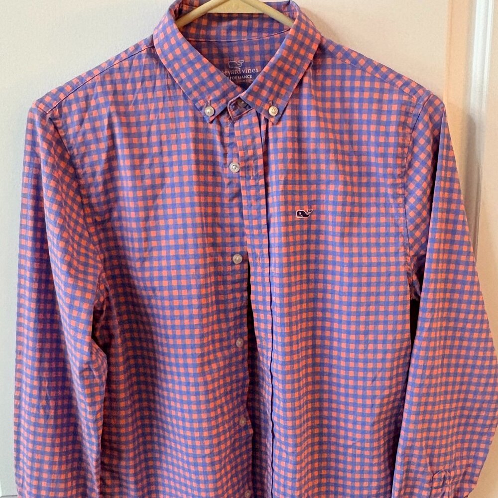 Vineyard Vines Boy's Large (16) Pink/Blue Check Long Sleeve Whale Shirt